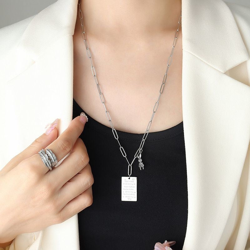Rectangular Letter Rabbit Titanium Steel Plated Pendant Necklace for Unisex