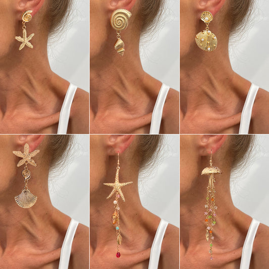 Pendientes largos de aleación con acabado galvanizado para mujer, diseño de estrella de mar asimétrica y concha nacarada