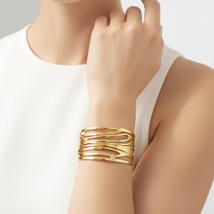 Bracciale a Polsino Minimalista Geometrico Cavo Aperto in Acciaio Inossidabile con Pressione dell'Olio