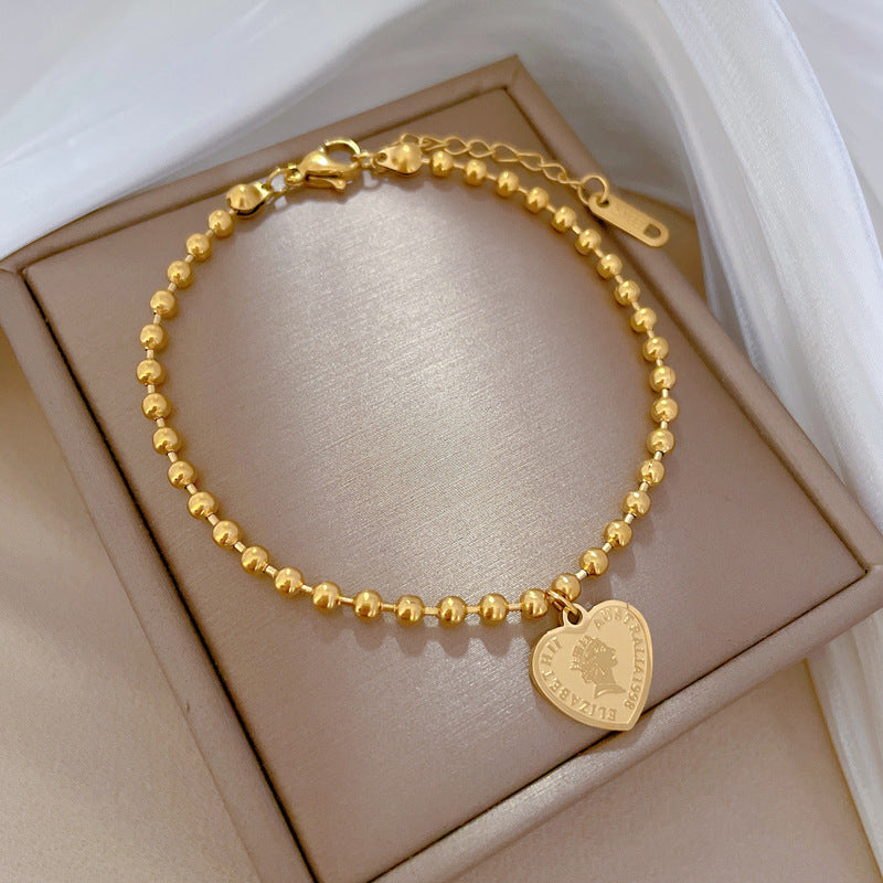 Vintage Sweet Heart Rhinestone PVD Titanium Steel Bracelet