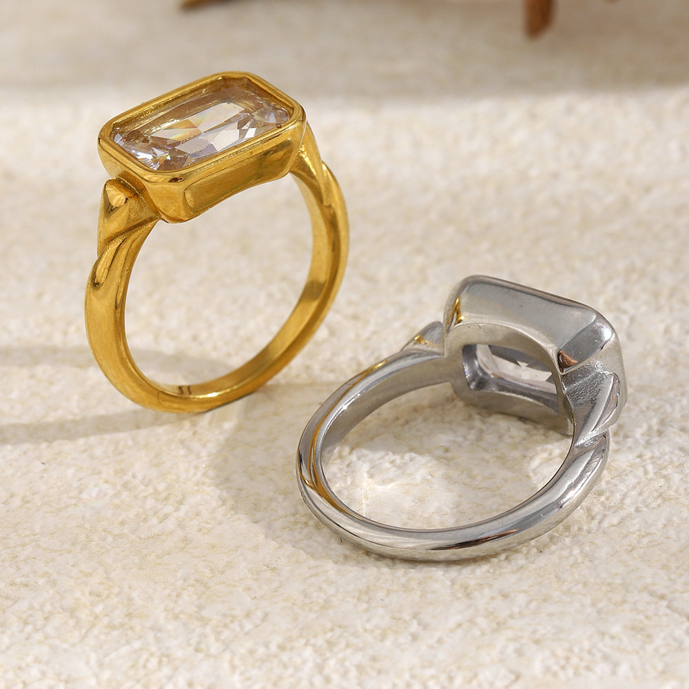 Minimalist 18K Gold Plated Stainless Steel Rectangle Geometric Cubic Zirconia Ring for Women