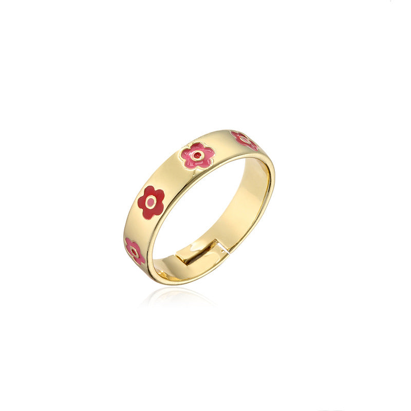 Geometric Floral Drip Oil Gold Plated Brass Ring for Women