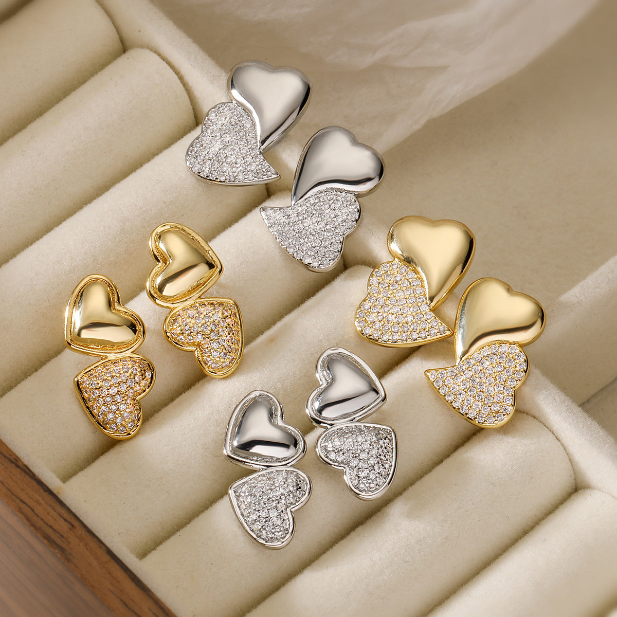 Minimalist Heart-Shaped Copper Earrings with 18K Gold Plating and Zircon Accents for Women