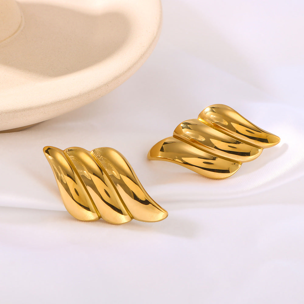 Geometric Angel Wing Stainless Steel Earrings with 18K Gold Plating for Women
