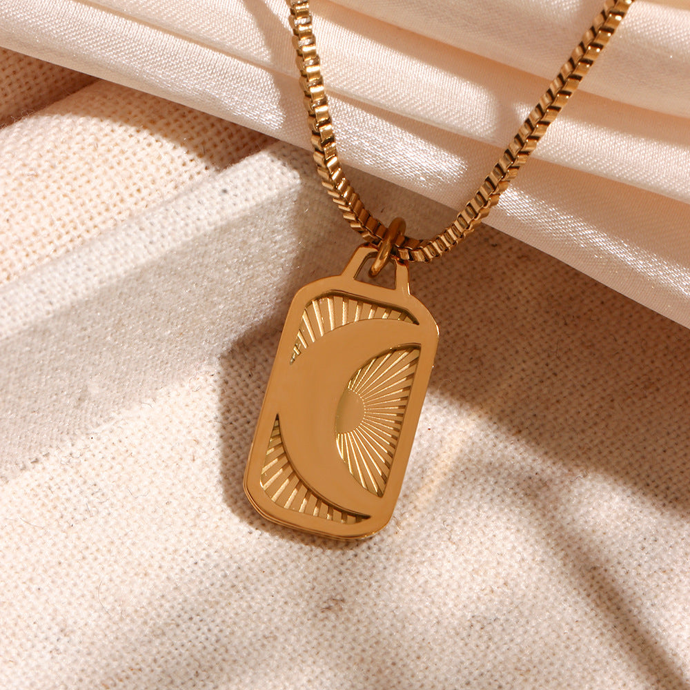 Minimalist Geometric Pendant Necklace for Women Stainless Steel with 18K Gold Plating and Engraved Moon Charm