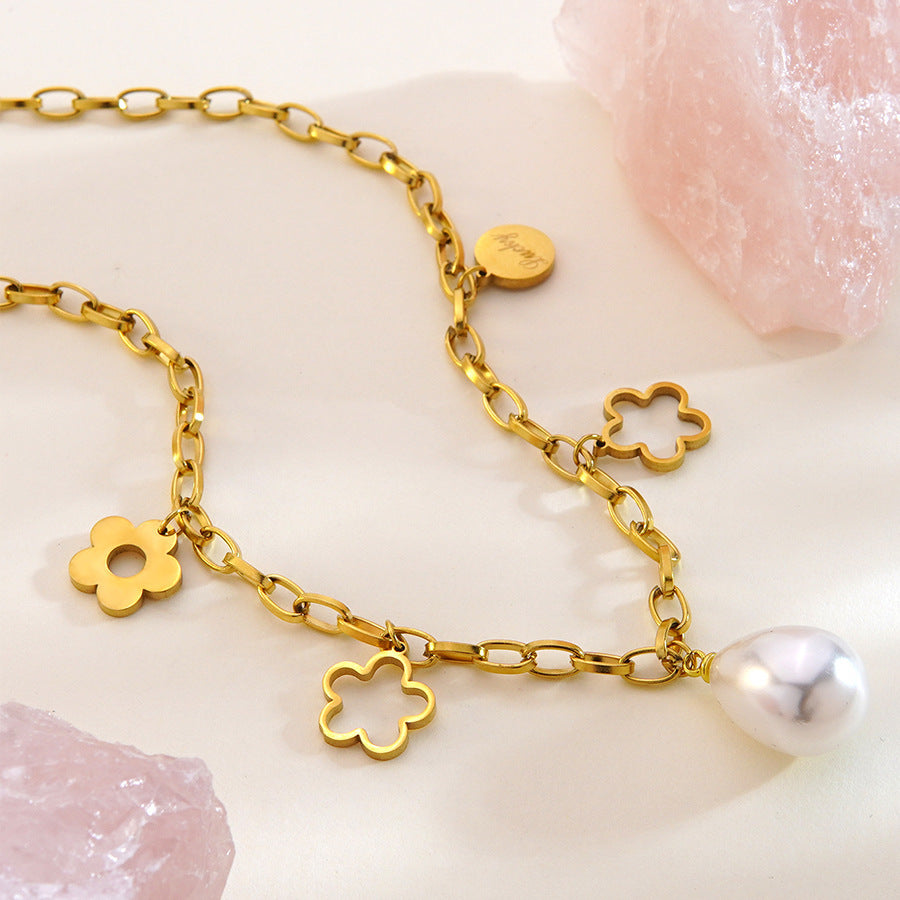 Sweet 18K Gold Plated Stainless Steel Flower Geometric Pearl Necklace Cable Chain