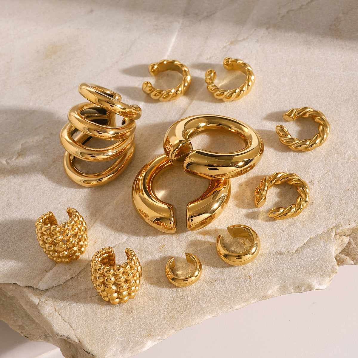 Minimalist Geometric Stainless Steel Ear Clips with 18K Gold Plating for Women