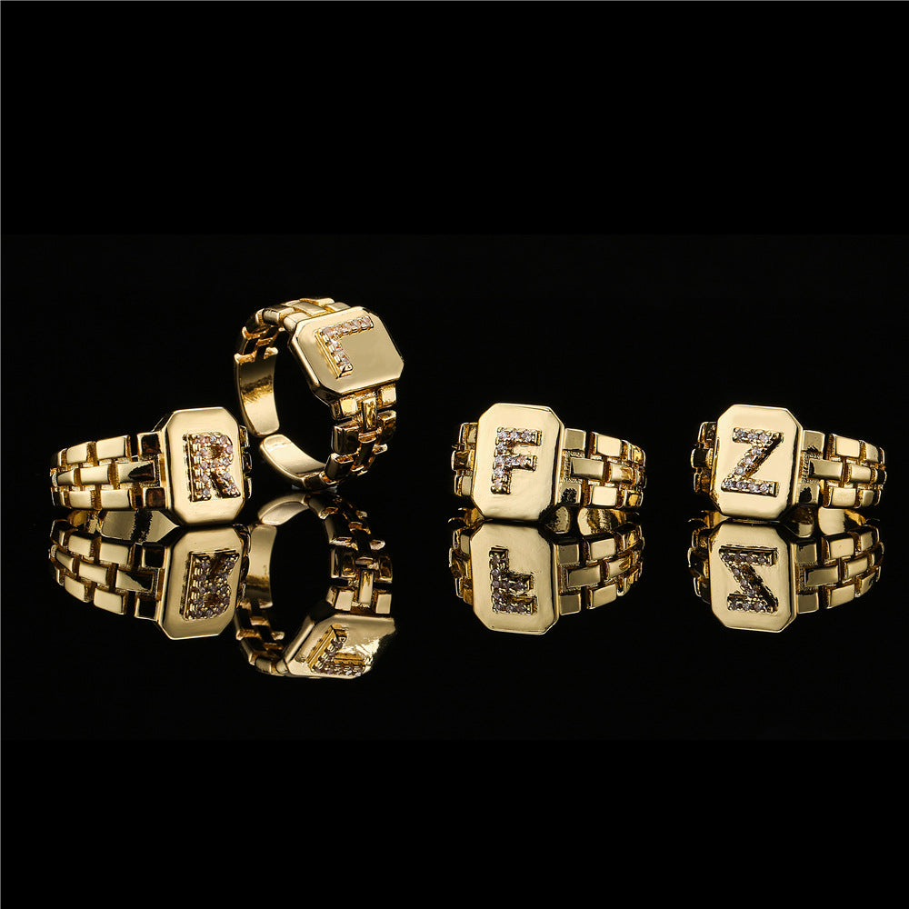 Minimalist Adjustable Open Ring with 18K Gold Plated Copper Band and AAA Zircon Letters Design