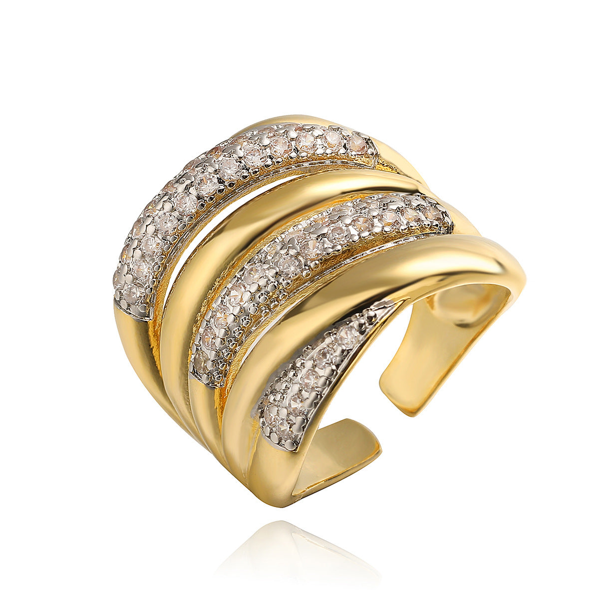 Minimalist Luxury Geometric Gold Plated Brass Ring with Cubic Zirconia for Women