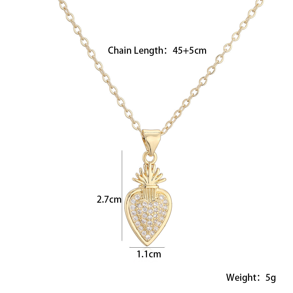 Minimalist 18K Gold Plated Brass Heart Cubic Zirconia Pendant Necklace for Women