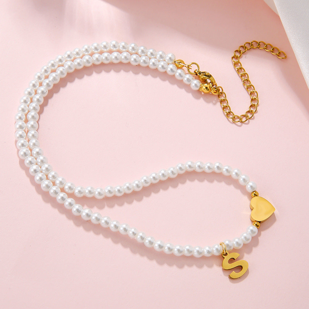 Minimalist Letter Heart Stainless Steel Pearl Necklace Women Cable Chain