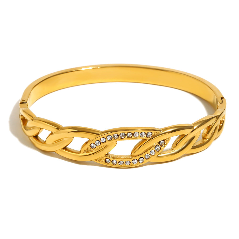 Fashionable Geometric Eye-Shaped Stainless Steel Bracelet with 18K Gold Plating and Zircon Inlay