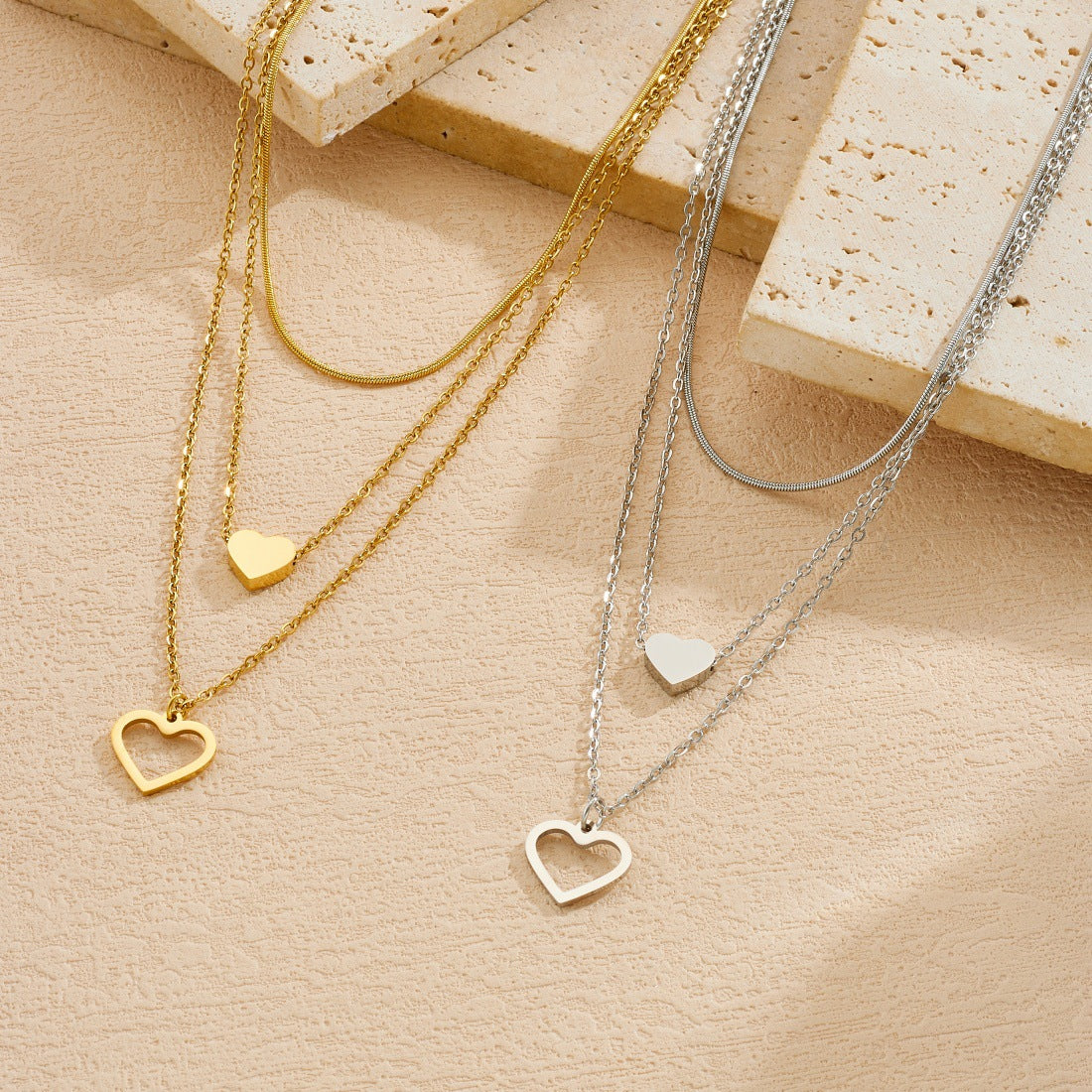 Minimalist Gold Plated Stainless Steel Heart Layered Necklace for Women