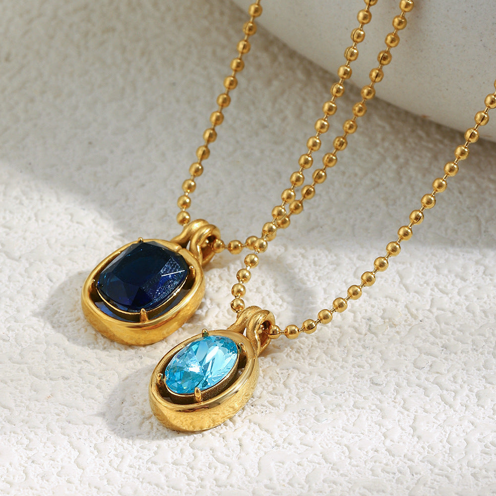 Collana con Ciondolo Geometrico Minimalista da Donna in Acciaio Inossidabile con Placcatura in Oro 18K e Zircone Blu Lucido a Specchio