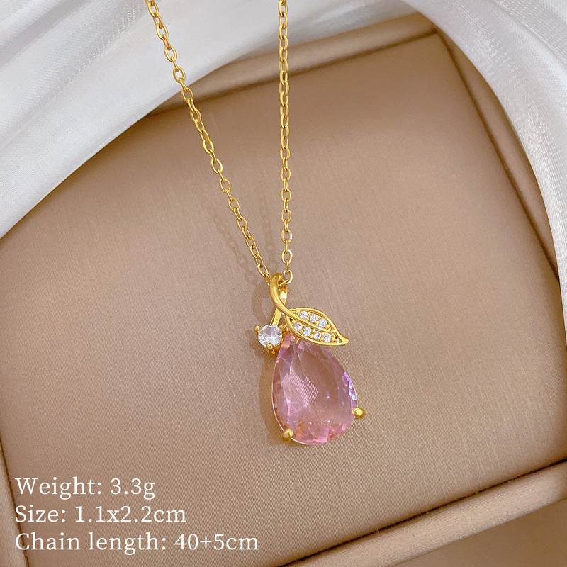 Sweet Elegant Leaf Teardrop Rhinestone Plated Titanium Steel Necklace for Unisex