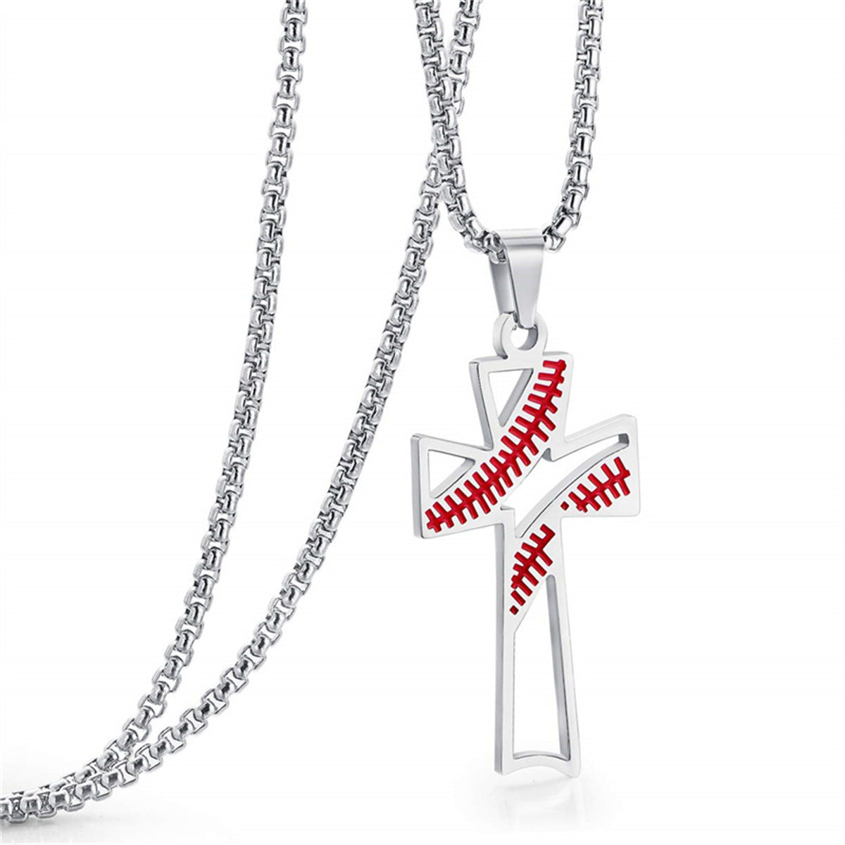 Natural Style Geometric Stainless Steel Pendant Necklace with Titanium Steel Cross Charm and Hollow Baseball Design Adjustable Chain