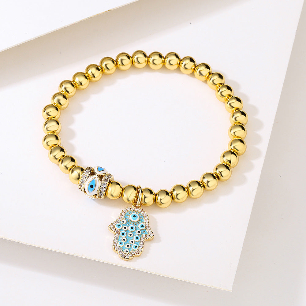 Minimalist Geometric Copper Hand of Fatima Evil Eye Charm Bracelet for Women