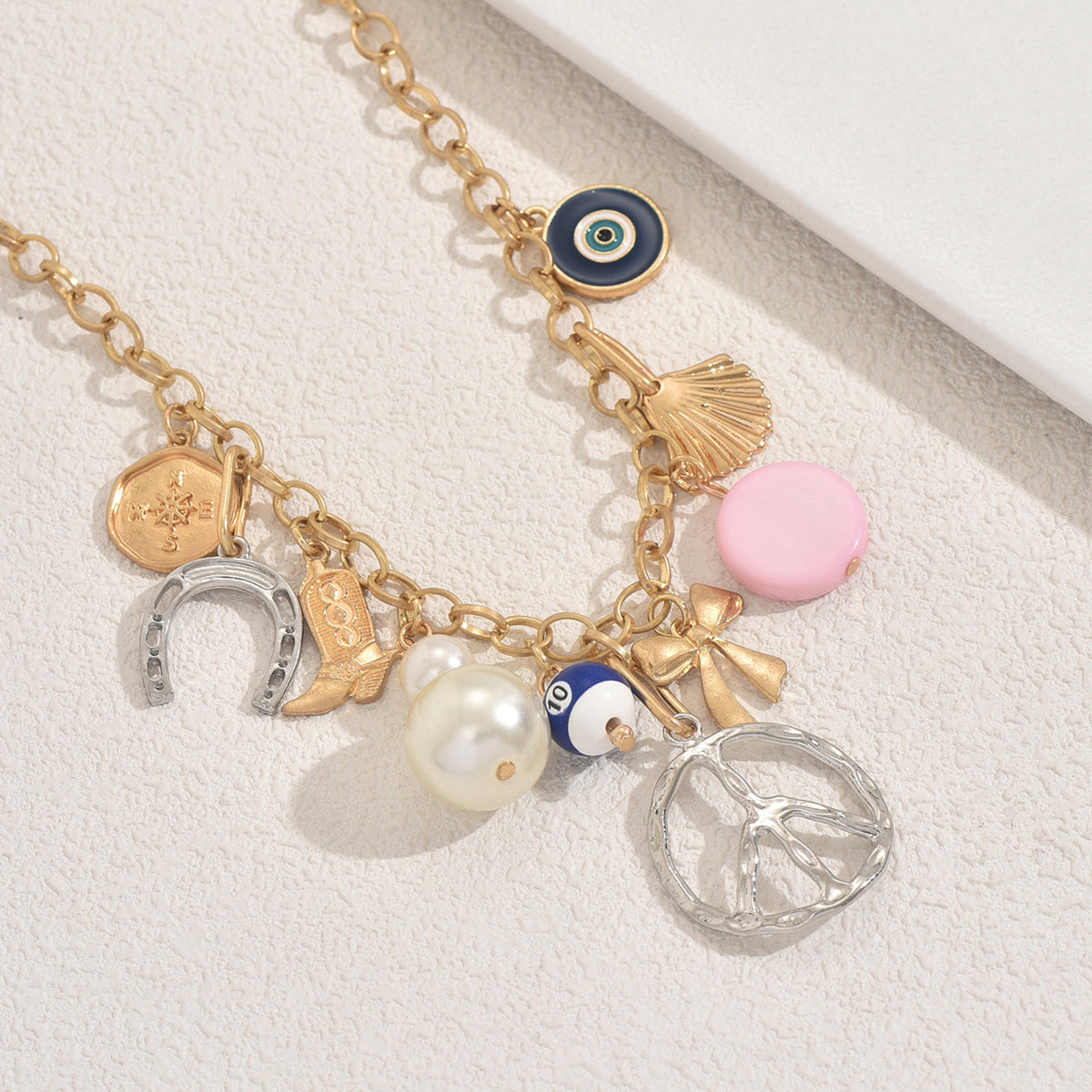 Geometric Rhombus Pearl Pendant Long Necklace for Women with Alloy Chain in Fashion Commuter Style