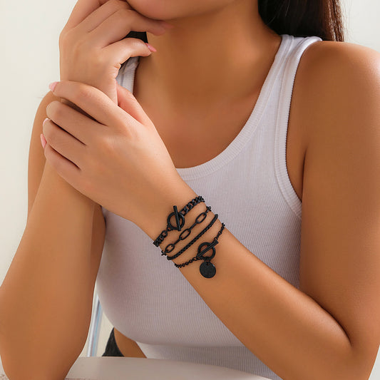 Conjunto de pulseras vintage de aleación geométrica con colgante y acabado chapado para mujer, diseño de moneda negra y cruz con temática de Halloween