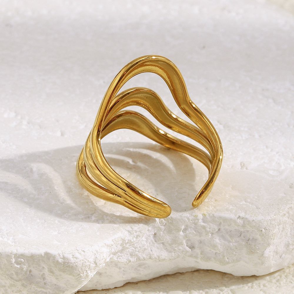 Anello da donna minimalista regolabile placcato oro 18 carati con onda in acciaio inossidabile