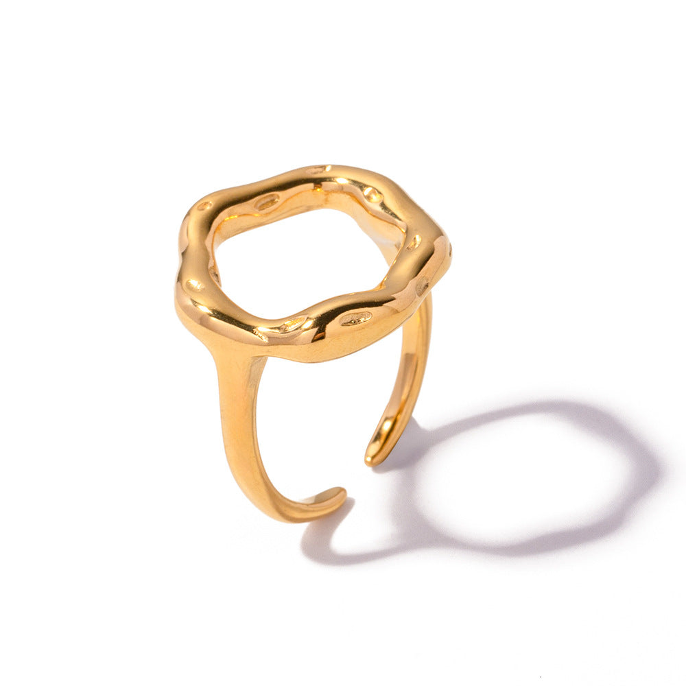 Anillo Abierto Minimalista Geométrico Hueco de Flor de Lava para Mujer en Acero de Titanio con Chapado en Oro de 18K