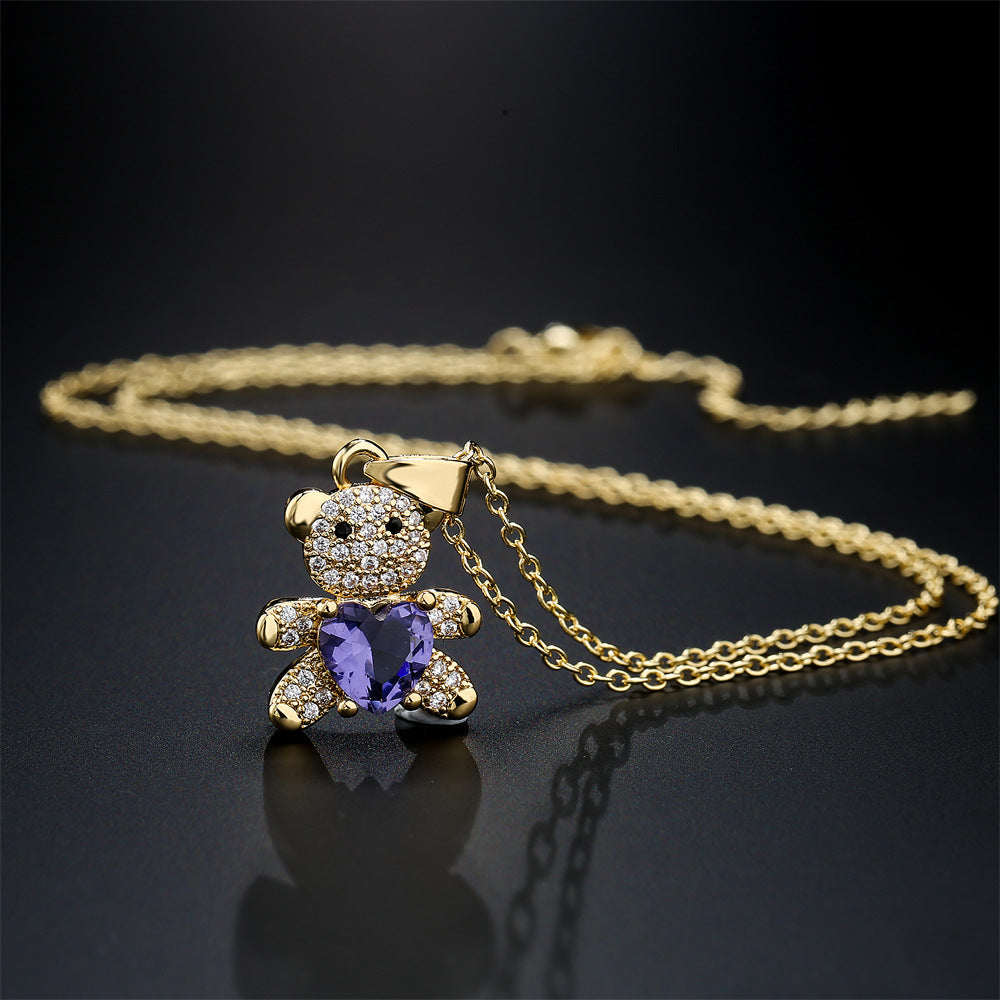 Cute Bear-Shaped Pendant Necklace in Copper with Micro-Paved Zirconia, Heart Design, Minimalist Style