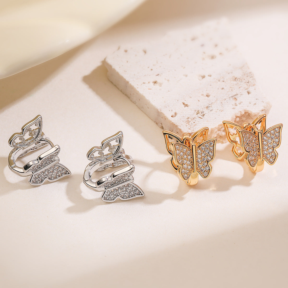 Elegant Butterfly-Shaped Hollow-Out Earrings for Women with Copper Base and 18K Gold Plating, Micro-Paved Zirconia, Geometric Design