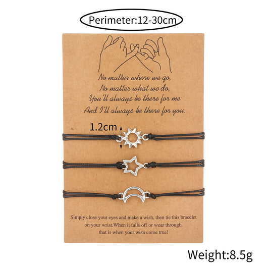 Personalized Geometric Star Moon Stainless Steel Woven Cord Bracelet Set