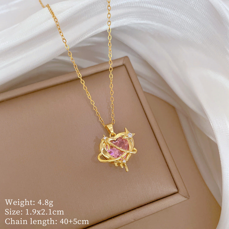 Minimalist Heart and Starburst Pendant Necklace in Titanium Steel with Rhinestones for Women Lightweight Clavicle Chain