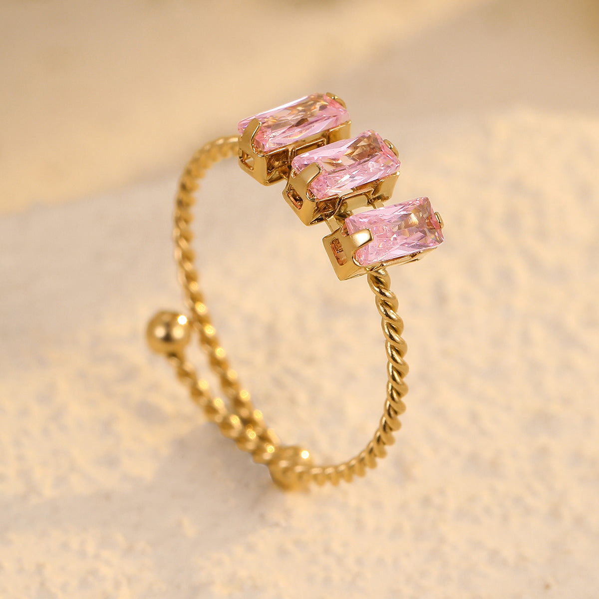 Anillo ajustable cuadrado minimalista de lujo de acero inoxidable con circonita para mujer con acabado chapado