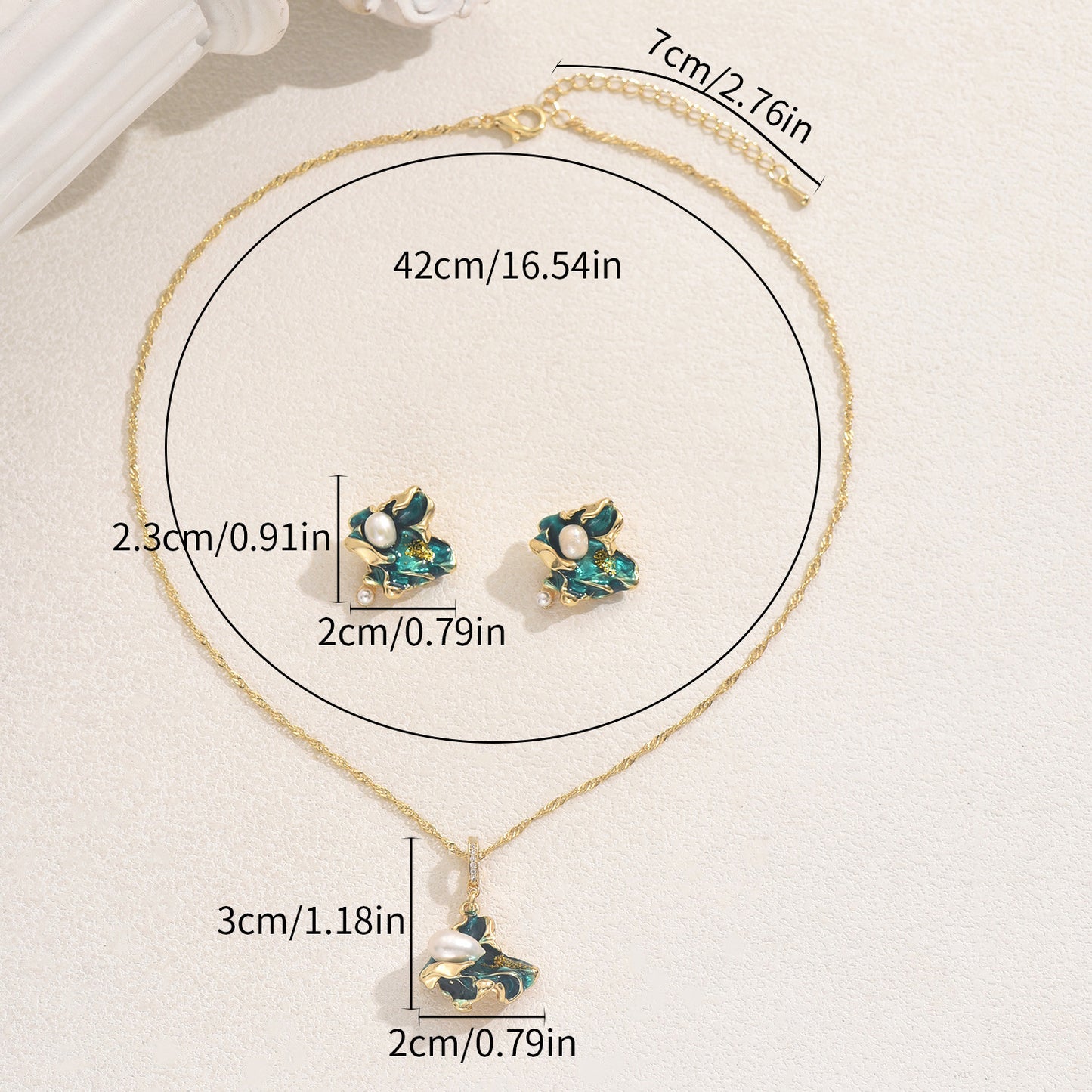 Fashion Geometric Enamel Pendant Necklace and Earrings Set for Women with Pearl Inlay Copper Jewelry