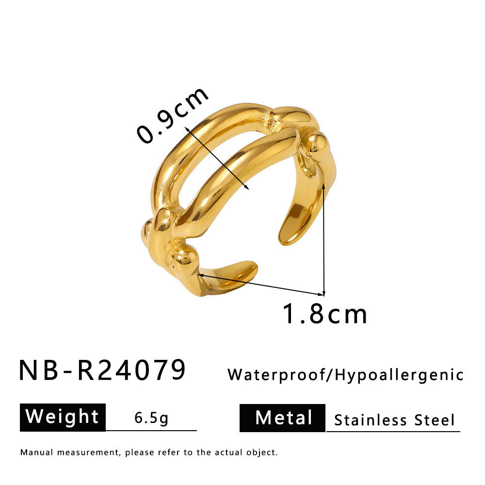 Geometric Wave Leaf Shaped Stainless Steel Plated Gold Ring with Textured Ruffled Asymmetrical Design for Women and Men