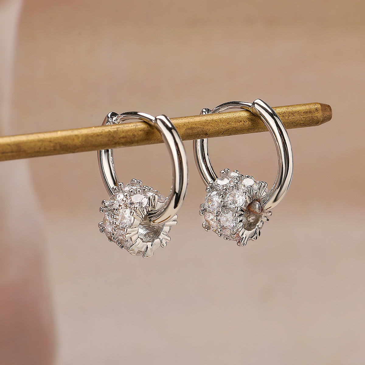 Minimalist Geometric Copper Earrings with Gold Plating and Zirconia Beads for Women