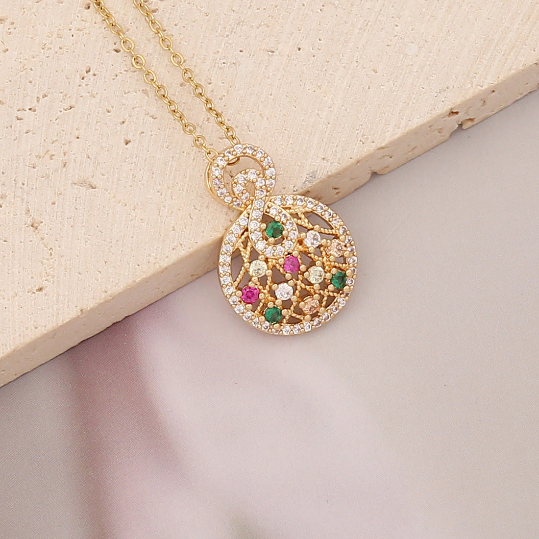Elegant Brass Plated Leaf Heart Pendant Necklace with Cubic Zirconia Inlay