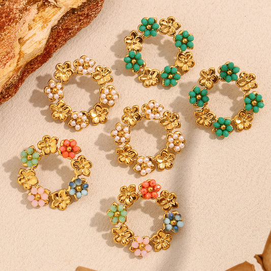 Pendientes de aro redondos con diseño floral de inspiración vintage para mujer en acero inoxidable con baño de oro de 18K