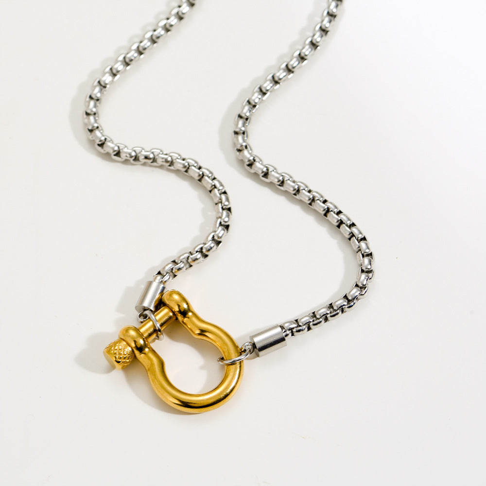 Minimalist Geometric Carabiner Necklace in Stainless Steel with 18K Gold Plating on Pearl Chain for Women