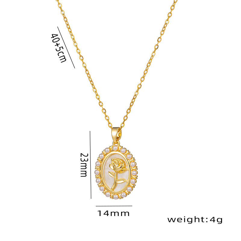 Elegante collar con colgante de moneda de oro rosa y concha blanca estilo francés para mujer con cadena de acero de titanio estética fresca y dulce e incrustaciones de diamantes de imitación