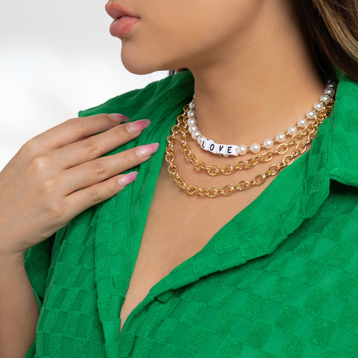 Streetwear Plated Alloy Letter Pendant Imitation Pearl Ball Chain Necklace for Women