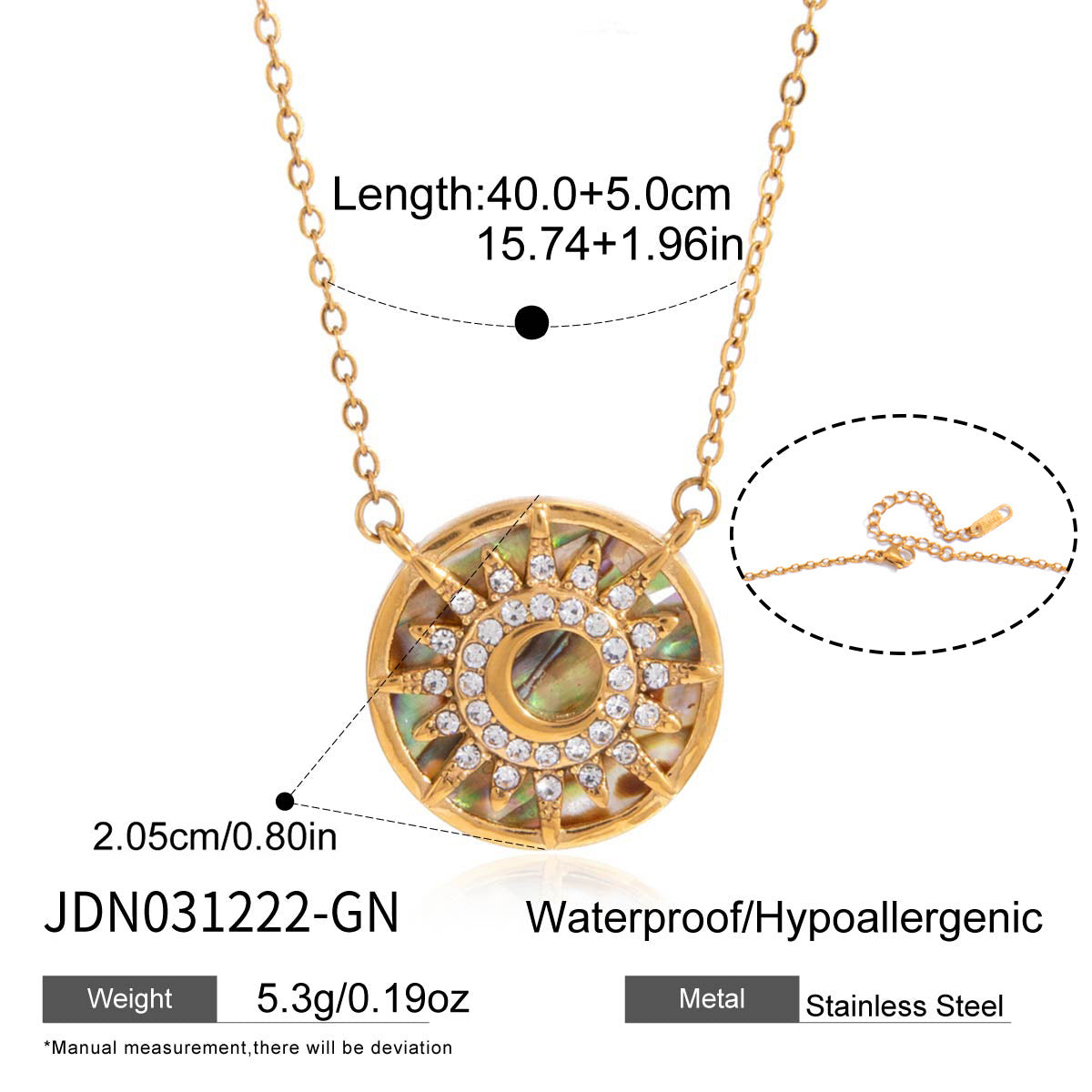 Collana pendente con sole geometrico minimalista con strass e intarsio in madreperla, catena in acciaio inossidabile placcato oro PVD da donna