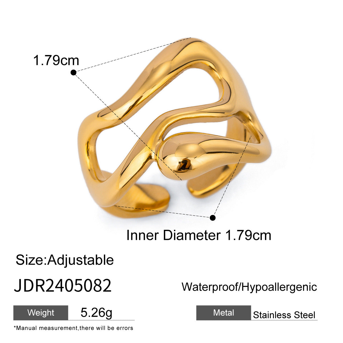 Gold Plated Stainless Steel Geometric Open Ring for Women
