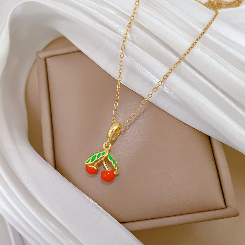 Cartoon Style Cherry and Leaf Pendant Necklace with Enamel Finish in Stainless Steel for Women and Men