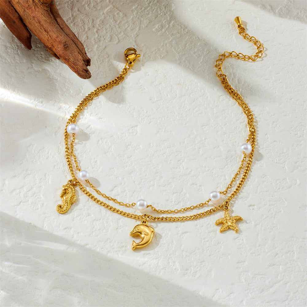 Elegant Double Layer Stainless Steel Starfish Pearl Anklet