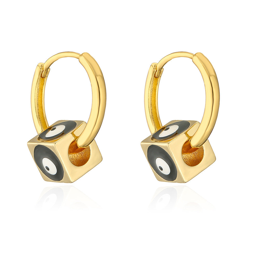 Geometric Square Drop Earrings for Women in Copper with 18K Gold Plating and Enamel Eye Detail