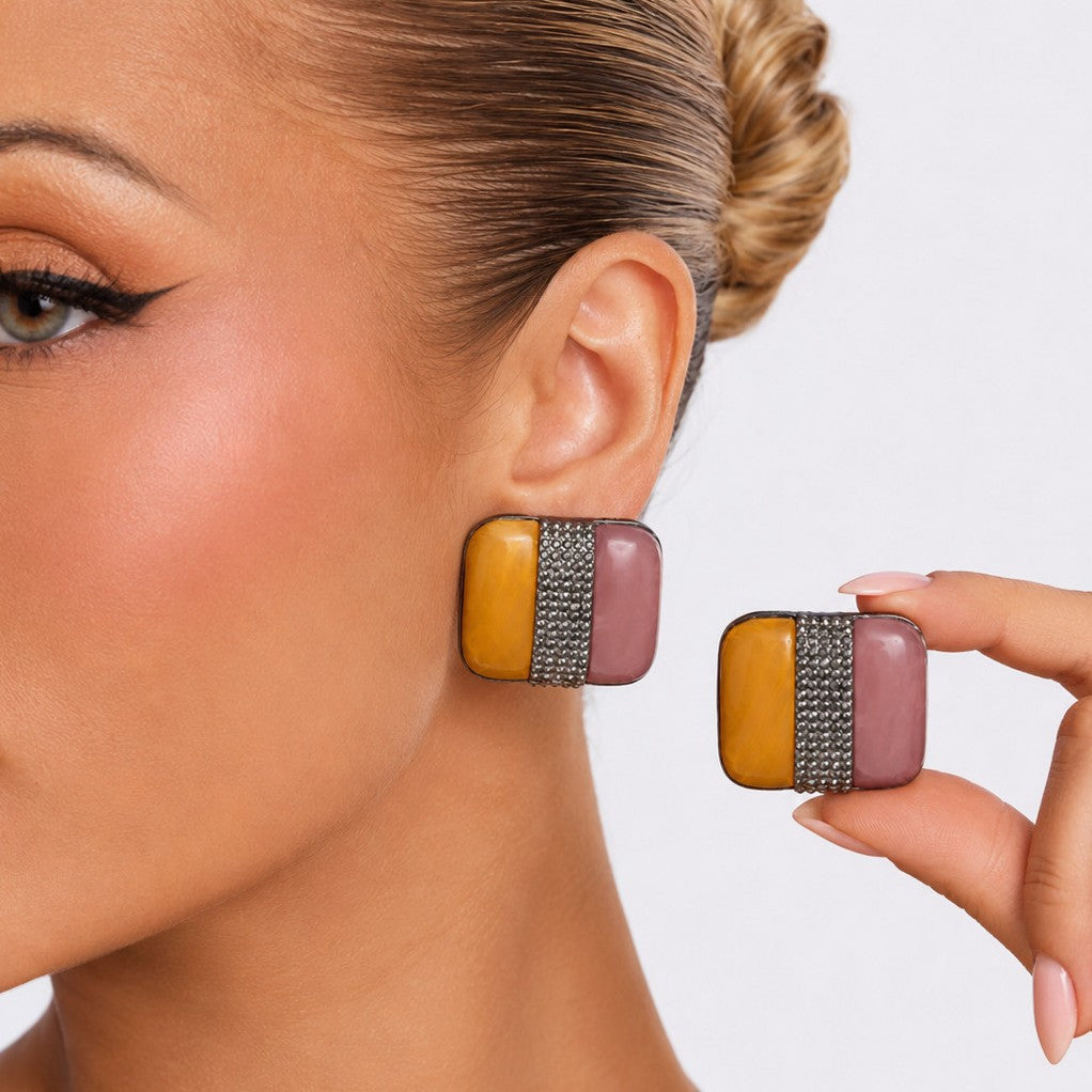 Exaggerated Geometric Square Rhinestone Gemstone Gradient Resin Plated Zinc Alloy Earrings for Women DIY Charm Bar