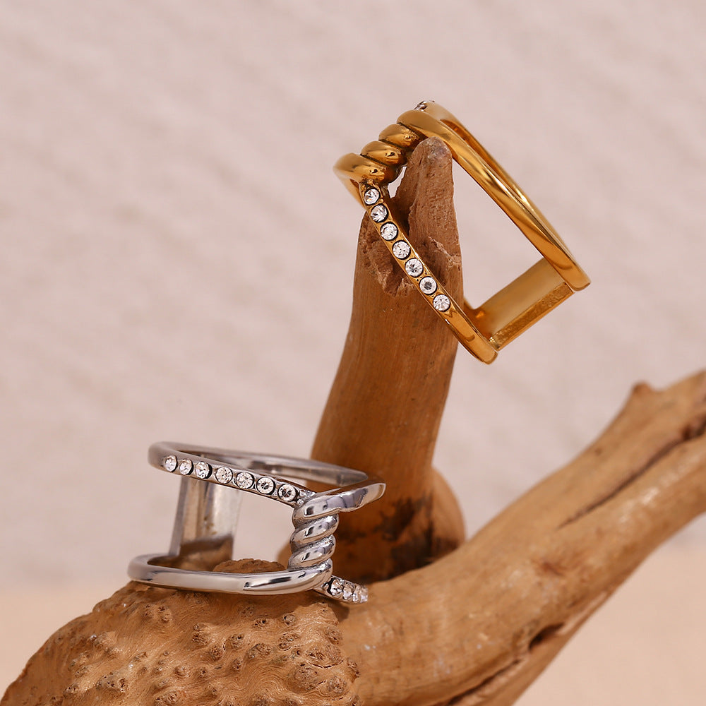 Vintage-Inspired Geometric Titanium Steel Plated 18K Gold Double-Layer Hollow Wire-Wrapped Micro-Paved Rhinestone Ring for Women