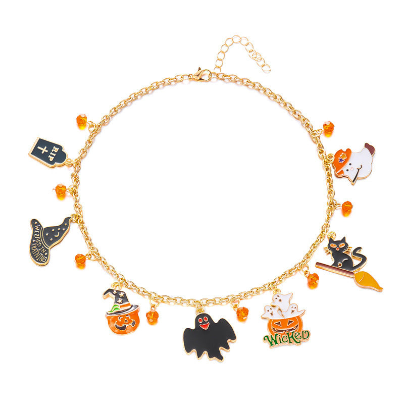 Collana girocollo con ciondolo gatto gotico e zucca scuri per Halloween, in lega placcata, gioielli unisex per costume