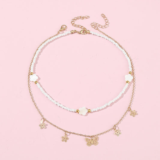 Sweet Cute Butterfly Pendant Necklace Set for Girls Alloy Heart-Shaped Charm with Beaded Chain