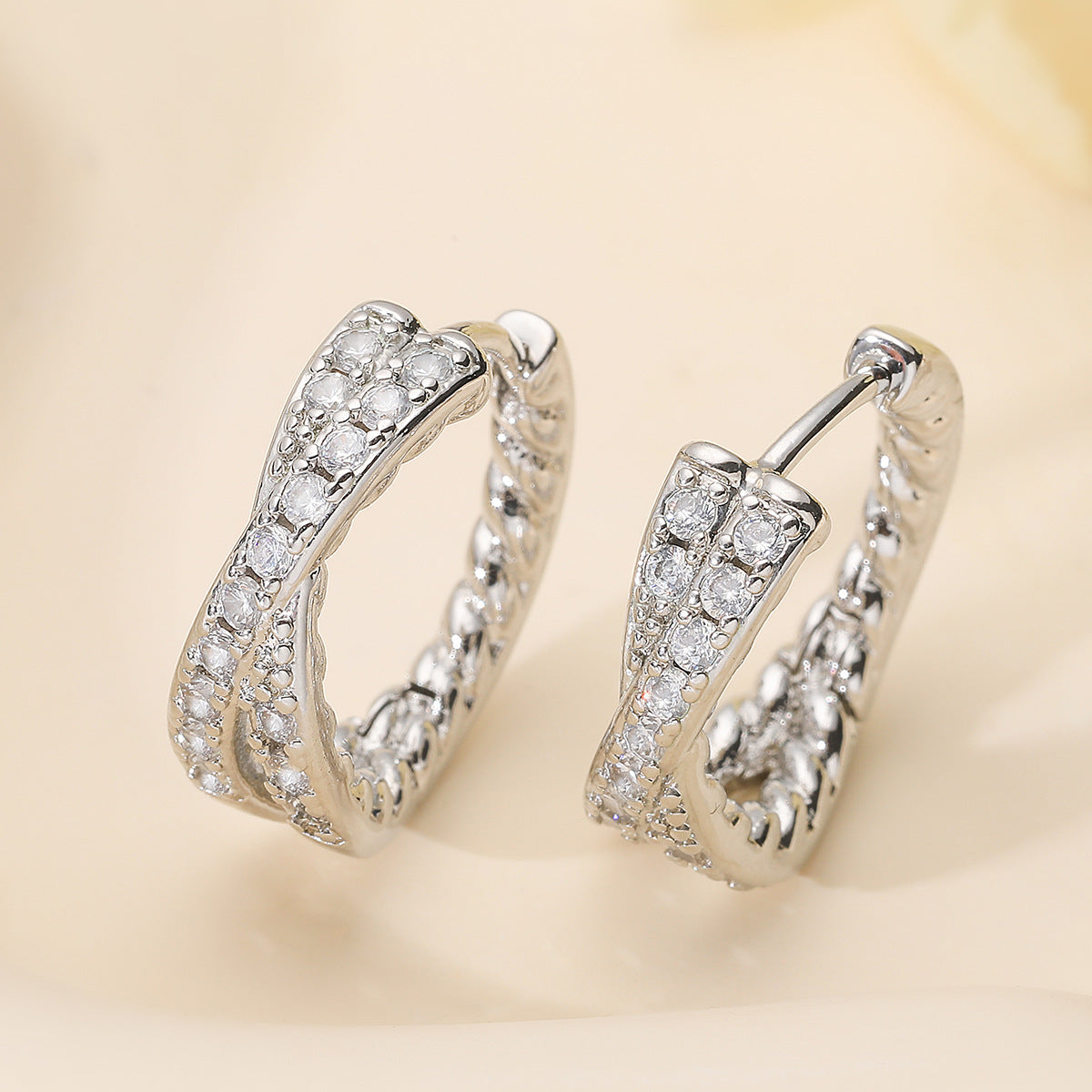 Vintage 18K Gold Plated Brass Geometric Cubic Zirconia Hoop Earrings for Women