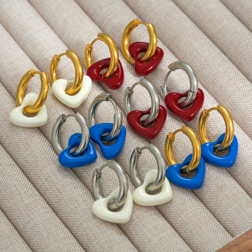 Orecchini a Cuore Minimalisti in Acciaio Inossidabile Stile Francese, con Smalto Dipinto a Mano e Placcatura in Oro 18K da Donna