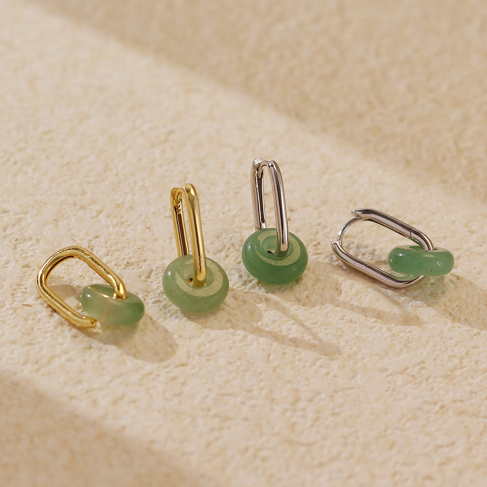 Pendientes de plata de ley 925 con hebilla de seguridad de aventurina verde geométrica para mujer
